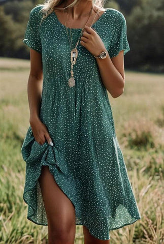 Annara - Chique polkadot groene midi-jurk met korte mouwen