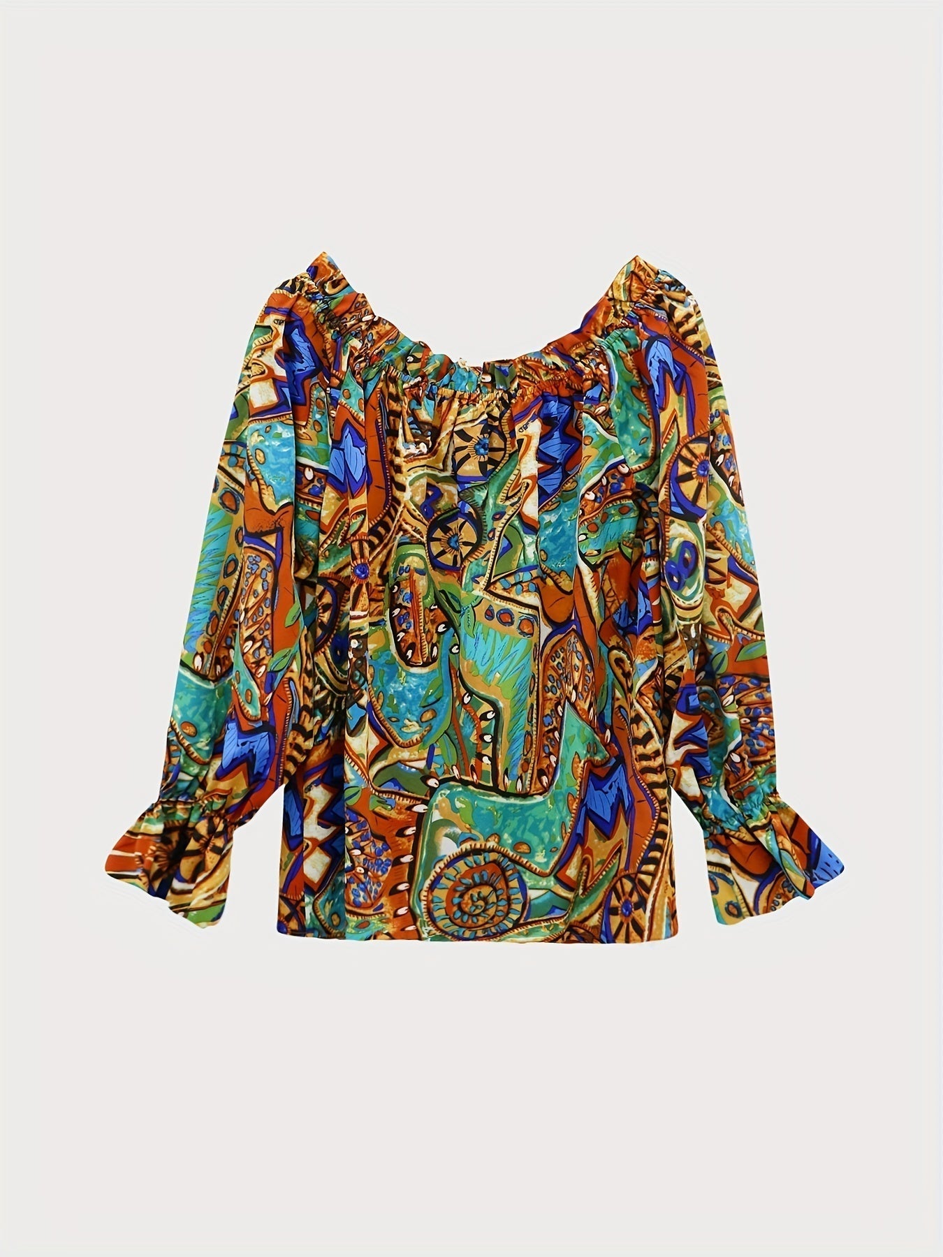 Raven - Abstract Print Ruffle Trim Blouse