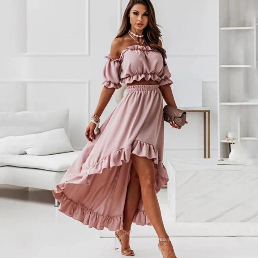 Elenaya - Off-the-shoulder jurk met ruches en hoog-laag zoom