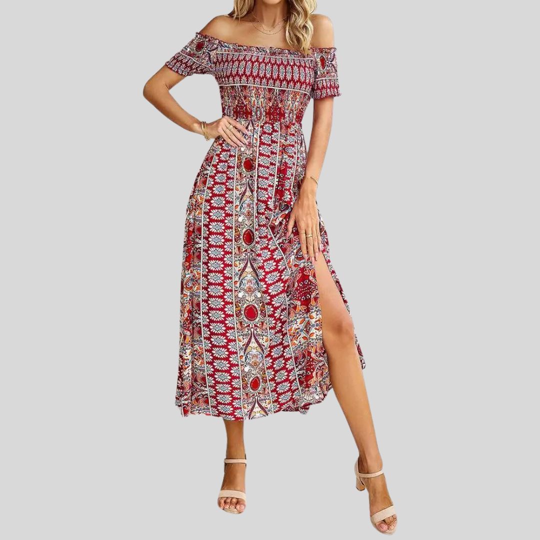 Aurora - Boho off-the-shoulder maxi jurk met ruches