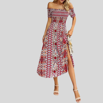 Aurora - Boho off-the-shoulder maxi jurk met ruches