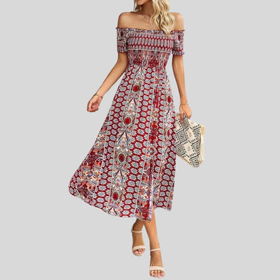 Aurora - Boho off-the-shoulder maxi jurk met ruches