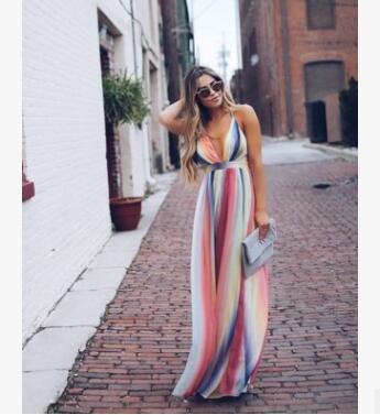 Michelle - Elegante regenboog zomer maxi jurk