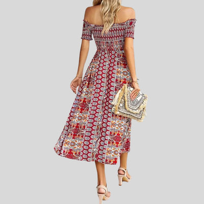 Aurora - Boho off-the-shoulder maxi jurk met ruches