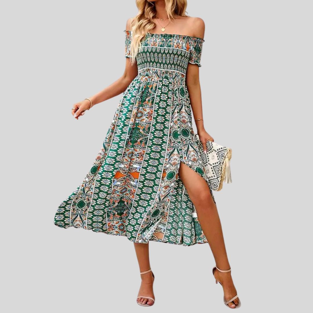 Aurora - Boho off-the-shoulder maxi jurk met ruches