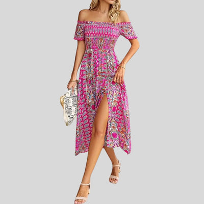 Aurora - Boho off-the-shoulder maxi jurk met ruches