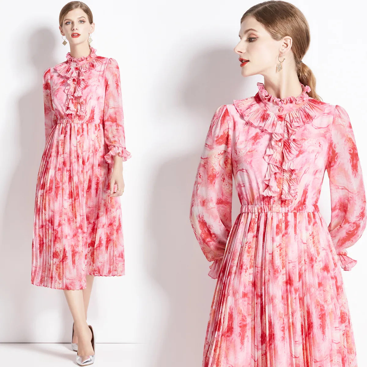 Rous - Bloemen Chiffon Jurk met Lange Mouwen