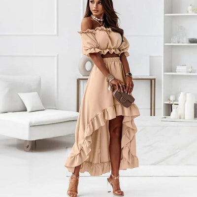 Elenaya - Off-the-shoulder jurk met ruches en hoog-laag zoom