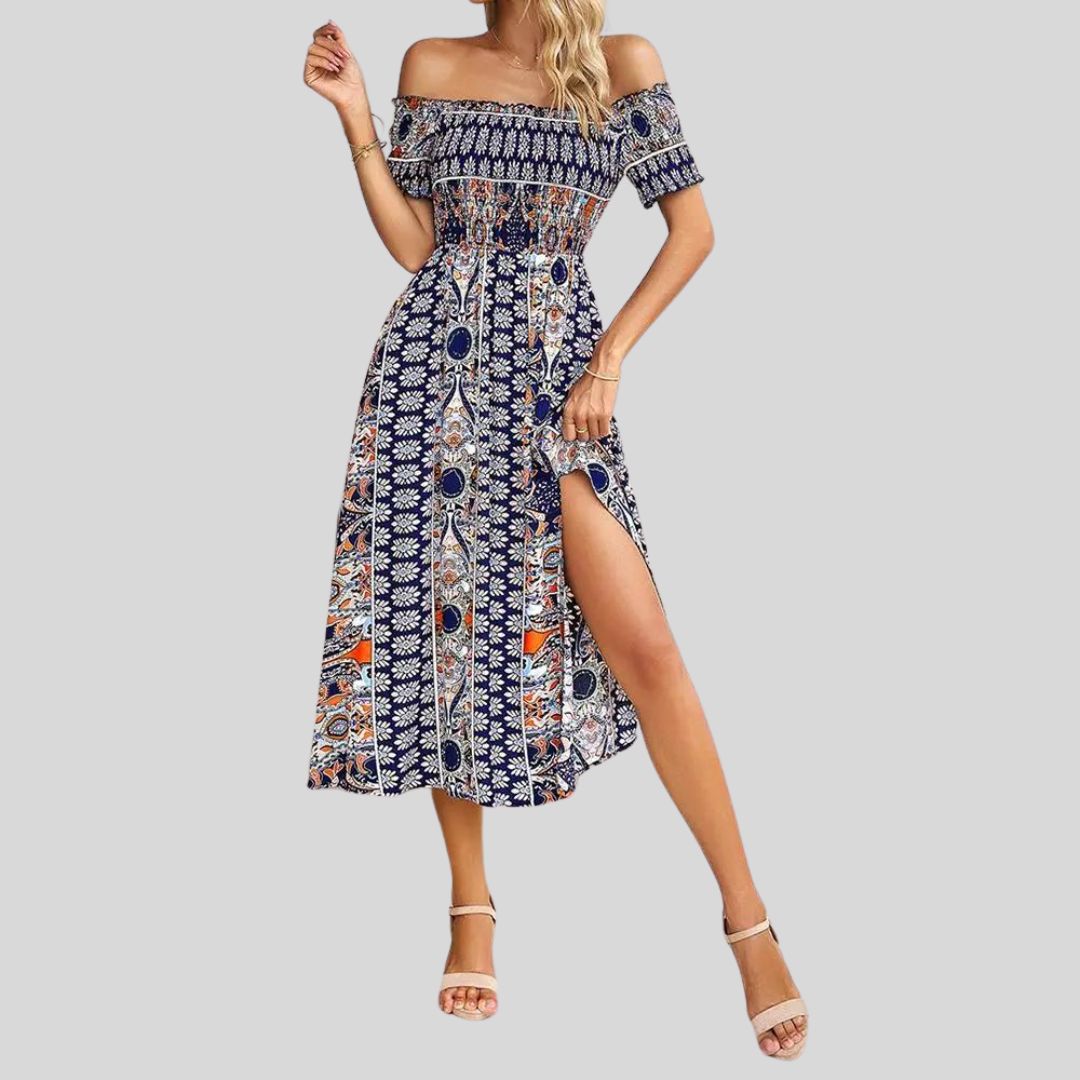 Aurora - Boho off-the-shoulder maxi jurk met ruches