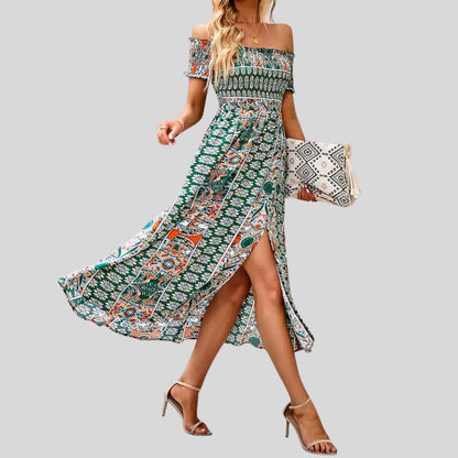 Aurora - Boho off-the-shoulder maxi jurk met ruches