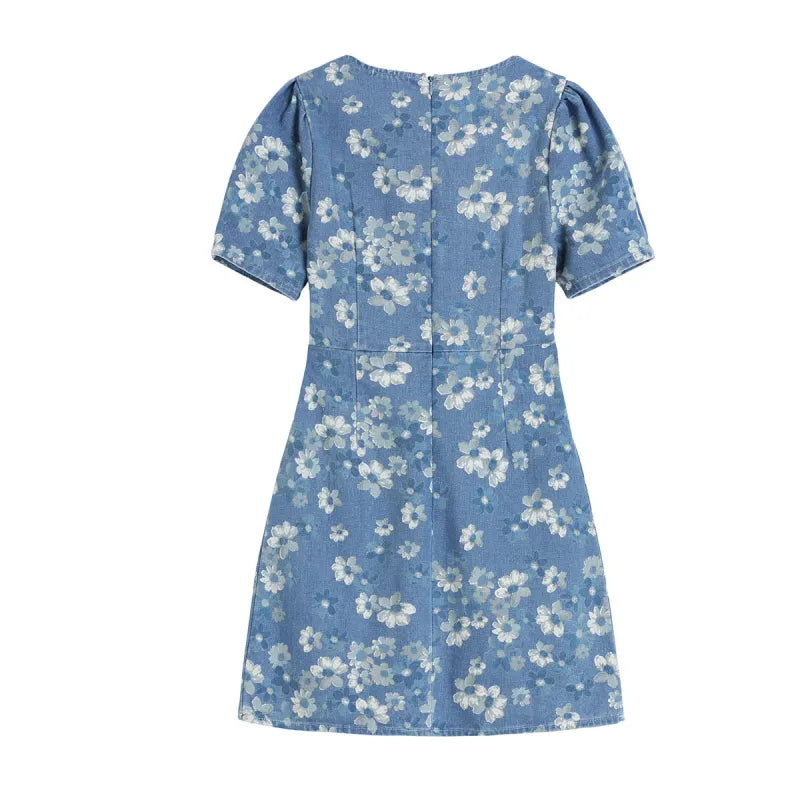 Andrea - Blauwe denimjurk met bloemen