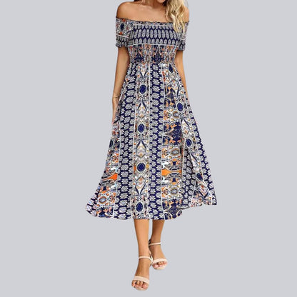 Aurora - Boho off-the-shoulder maxi jurk met ruches