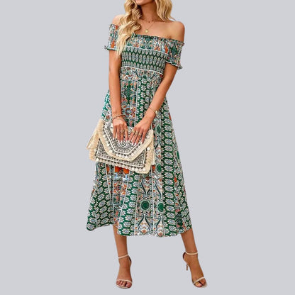 Aurora - Boho off-the-shoulder maxi jurk met ruches