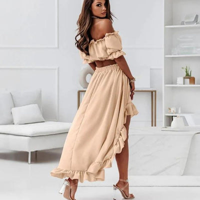 Elenaya - Off-the-shoulder jurk met ruches en hoog-laag zoom