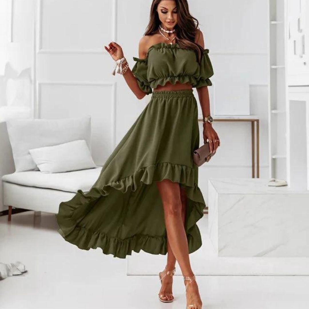 Elenaya - Off-the-shoulder jurk met ruches en hoog-laag zoom