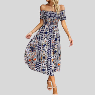 Aurora - Boho off-the-shoulder maxi jurk met ruches