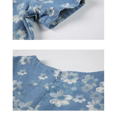 Andrea - Blauwe denimjurk met bloemen