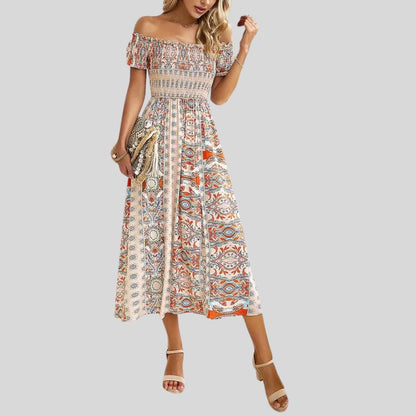 Aurora - Boho off-the-shoulder maxi jurk met ruches