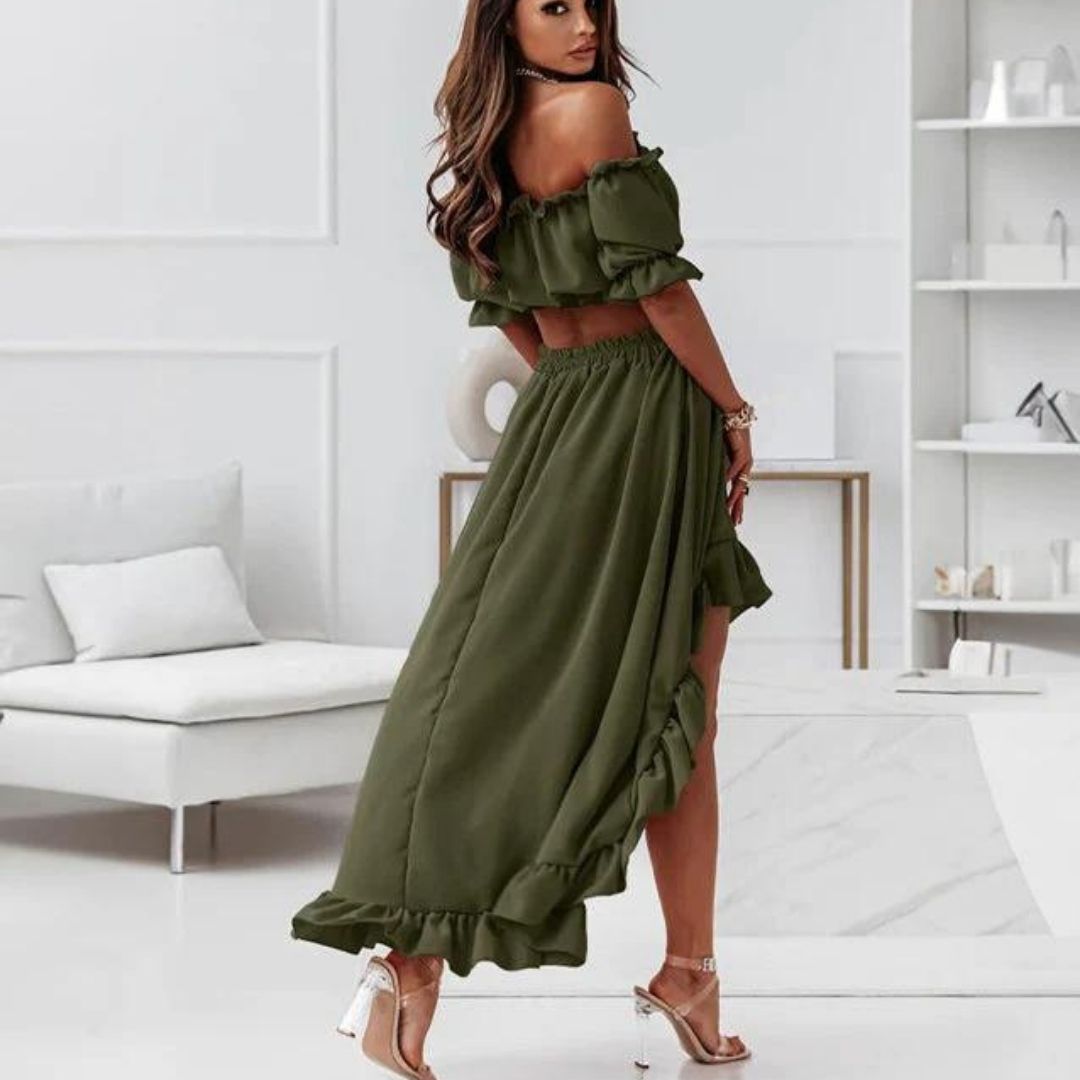 Elenaya - Off-the-shoulder jurk met ruches en hoog-laag zoom