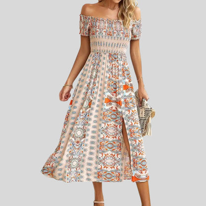 Aurora - Boho off-the-shoulder maxi jurk met ruches