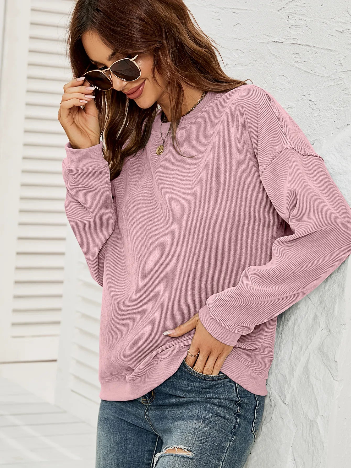 DIANA - Sweatshirt met corduroy ronde halslijn