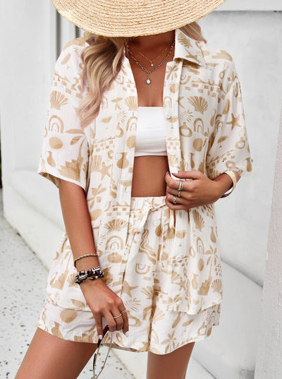 Adrienna - Shirt en shorts met button-down kraag en print