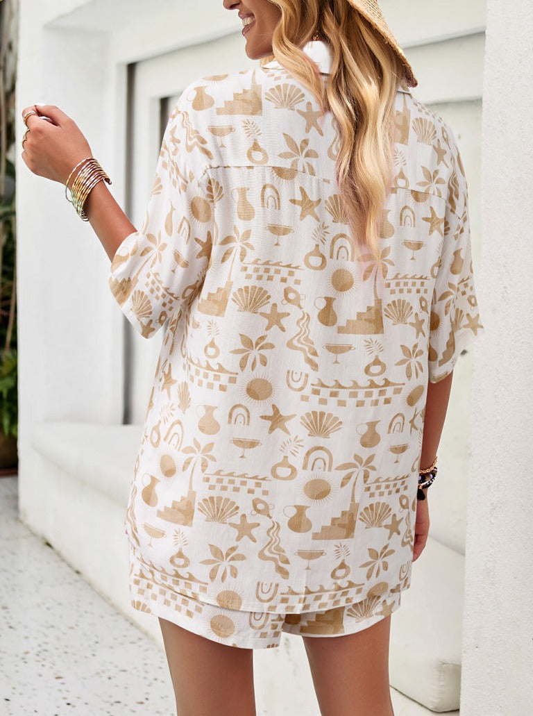 Adrienna - Shirt en shorts met button-down kraag en print