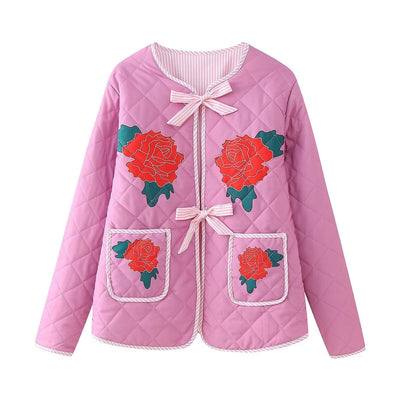 Scarlett - Roze damesjas met patchwork en strik