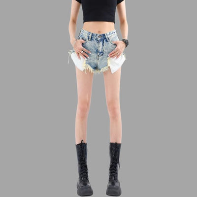 Lunaa - Verouderde denim shorts met franje detail