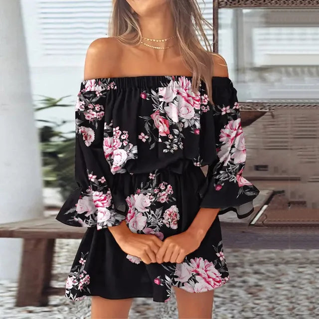 Amalina - Stijlvolle off-the-shoulder jurk met bloemenpatroon