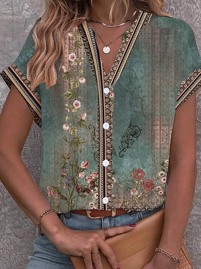 Casey - Groene Vintage Waterverf Bloemenprint Blouse