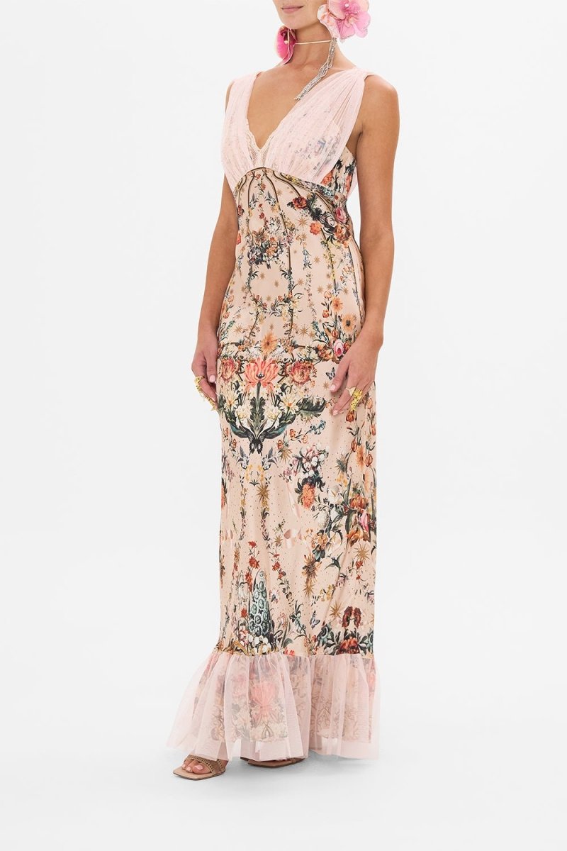 Cecy - Maxi-jurk met V-hals en mesh overlay