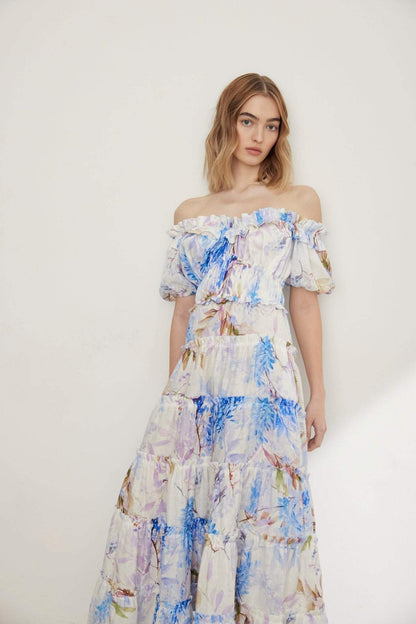 Ines Heidekleurige maxi-jurk met tierende ruches en print