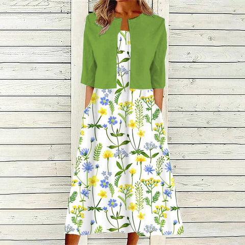 Lara - Midi jurk met groene plantenprint en jasje