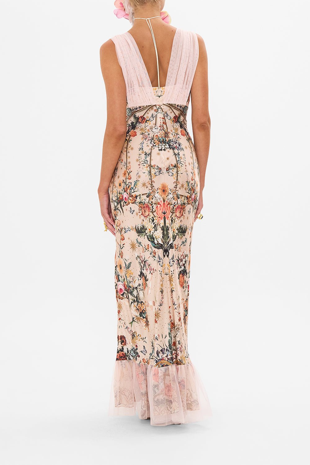 Cecy - Maxi-jurk met V-hals en mesh overlay