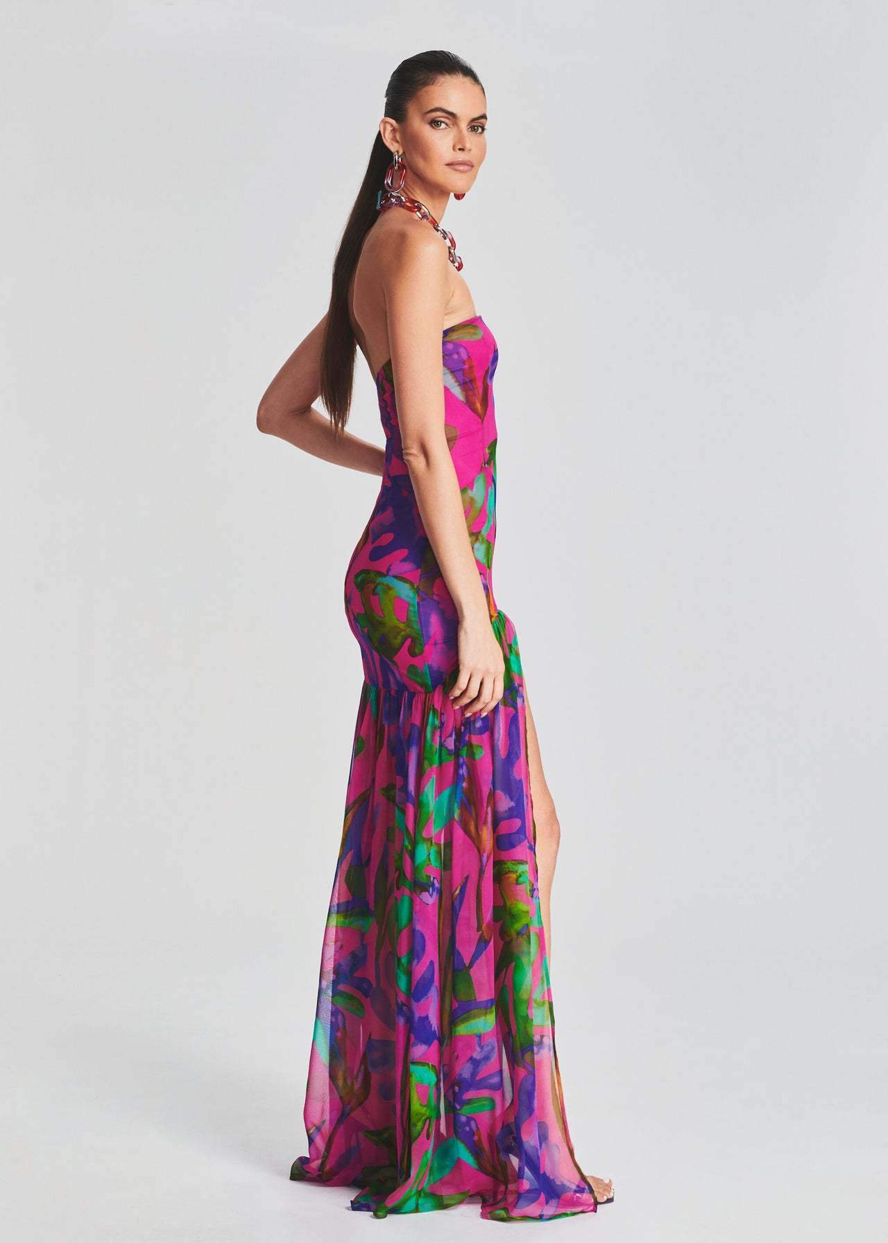 Luciana - Bedrukte strapless maxi-jurk met split