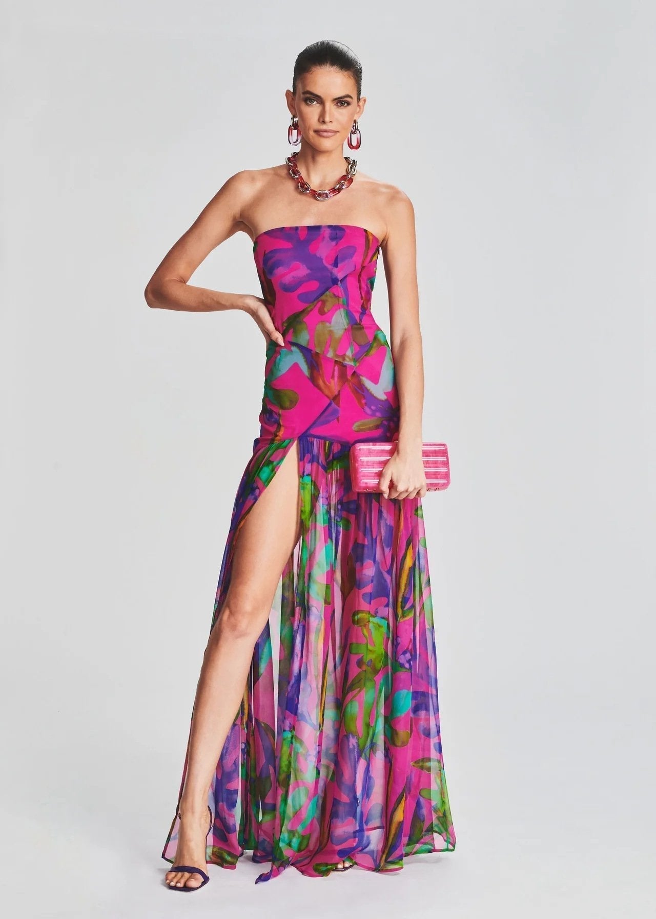 Luciana - Bedrukte strapless maxi-jurk met split