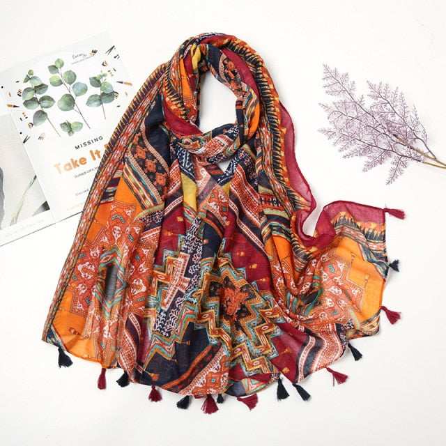 Pashmina sjaal met bloemenkwastjes