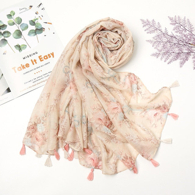 Pashmina sjaal met bloemenkwastjes