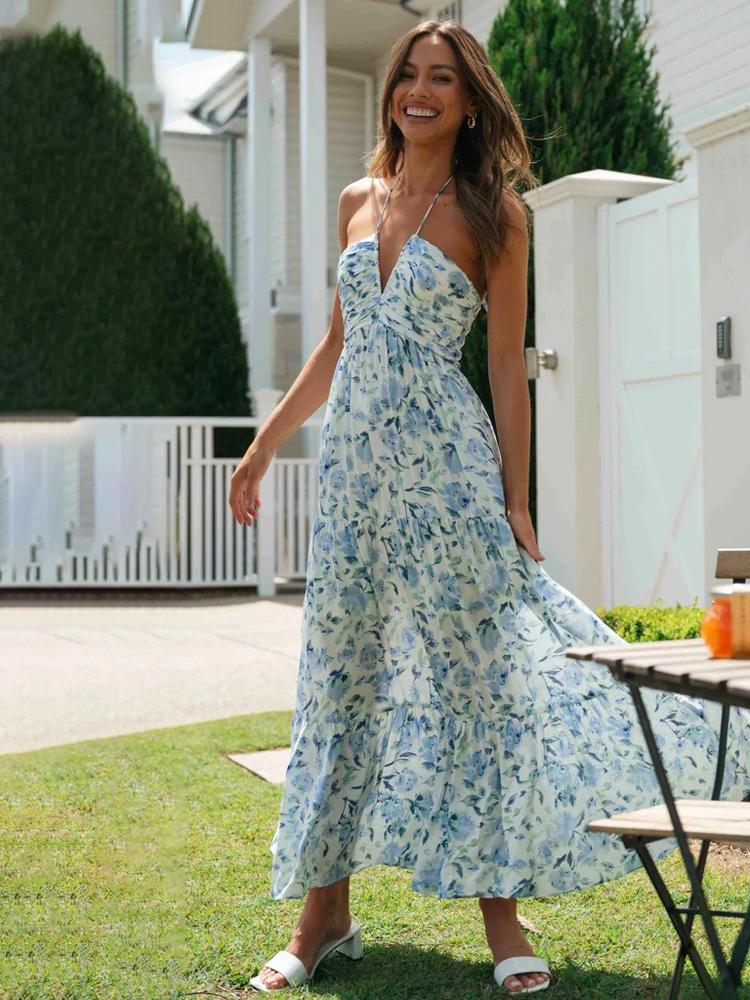 Susy halterneck maxi zomerjurk met bloemenpatroon